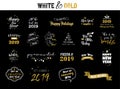 Happy New Year 2019 typographic emblems set. Vector logo, text design. Black, white and gold. Usable for banners Royalty Free Stock Photo