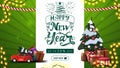 Happy New Year, up to 50% off, green greeting and discount banner with beautiful lettering, garlands, Christmas tree in a pot.