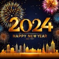 Happy New Year 2024 with various colors of fireworks. Royalty Free Stock Photo