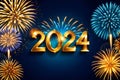 Happy New Year 2024 and various colors of fireworks. Royalty Free Stock Photo