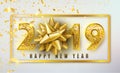 2019 Happy New Year vector background with golden gift bow, confetti, shiny glitter gold numbers and border. Christmas