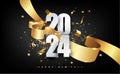 2024 Happy New Year vector background with golden gift bow, confetti, white numbers. Christmas celebrate design.