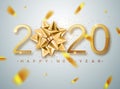 2020 Happy New Year vector background with golden gift bow, confetti, white numbers. Winter holiday greeting card design Royalty Free Stock Photo