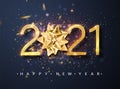 2021 Happy New Year vector background with golden gift bow, confetti, white numbers. Winter holiday greeting card design