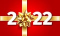2022 Happy New Year vector background with golden gift bow and number 2022. Festive Party Decoration. Christmas celebrate design