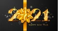 2021 Happy New Year vector background with golden numbers, bow and sparkles. Merry Christmas and Happy New Year holiday symbol Royalty Free Stock Photo