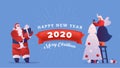 Happy New Year vector banner template. Cartoon Santa Claus with gift and woman decorating Christmas tree. Winter season Royalty Free Stock Photo