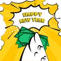 Happy New Year vector card with rooster wing and bundle of money. Royalty Free Stock Photo