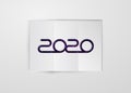 Happy New 2020 Year. Vector holiday illustration. White fold paper cut style white background with purple golden glittering spray Royalty Free Stock Photo