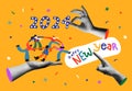 Happy New Year 2024 people dancing and hands in retro collage style Royalty Free Stock Photo