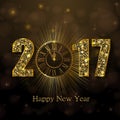 Happy New Year 2017. Vector illustration with gold clock Royalty Free Stock Photo