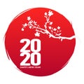 2020 Happy New Year vector illustration. Grunge style flag of Japan icon art. Silhouette blossoms branch sakura flowers on Royalty Free Stock Photo
