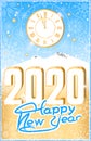 Happy New Year 2020 vector illustration Mount Elbrus against a blue sky with snowflakes, golden stars and a clock rising like the