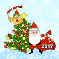 Happy New Year vector illustration with Santa Claus, christmas tree and cock. Rooster. Royalty Free Stock Photo