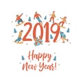 Happy New Year. Vector illustration. A set of characters engaged in winter sports and recreation. Royalty Free Stock Photo