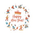 Happy new year. Vector illustration. A set of characters engaged in winter sports and recreation. Royalty Free Stock Photo