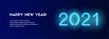 2021 Happy New Year vector long banner. Blue neon 2021 numbers on a dark background with text. Banner for social media Royalty Free Stock Photo