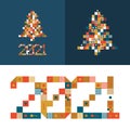 Happy New Year 2021 Vector Pixel Art typography. Holidays greeting card illustration. Letters from Strips, squares and dots.