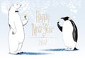 Happy New Year 2017 vector seasonal greeting card. Penguin, polar bear cute characters drinking glass o Royalty Free Stock Photo