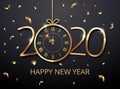 Happy New Year 2020 vector - New Year Shining background with christmas ball gold twelve o clock and glitter confetti, gold