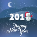 Happy New Year. Vector text Calligraphic Lettering design card template. PF 2018. Cute snowman and xmas hat on snow christmas wint Royalty Free Stock Photo