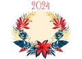 Vintage Decorative Christmas Wreath Bouquet Tropical Flowers Exotic Birds, Floral Pattern Trendy Design For Holiday Card
