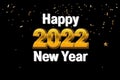 Happy New Year! 2022. Volumetric gold numbers on a black festive background. New year concept banner