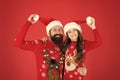 Happy new year. Waiting santa claus. Happy together. Merry christmas. Dad and daughter winter sweaters celebrate new Royalty Free Stock Photo