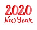 Happy new year 2020. Watercolor New year text, calligraphic illustrations isolated on white background. Words and numbers in red,