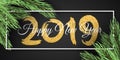 Happy New Year 2019. White frame. Christmas tree. Web banner for your advertising design. Vector illustration