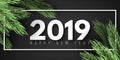 Happy New Year 2019. White frame. Christmas tree. Web banner for your advertising design. Vector illustration