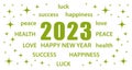 2023 Happy New Year. White and green greeting card with best wishes. Vector illustration banner.
