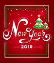 Happy New Year 2019 white hand lettering text with Christmas tree on red background.Greeting card design Royalty Free Stock Photo
