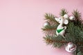 Happy new year 2020 white mouse and fir branch on pink background, copy space Royalty Free Stock Photo