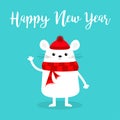 Happy New Year. White mouse waving hand. 2020 sign symbol. Merry Christmas. Cute funny cartoon kawaii baby character. Red scarf, Royalty Free Stock Photo