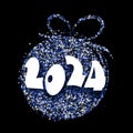 Happy new year white paper 2024 lettering on blue Christmas ball made of small shiny stars