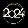 Happy new year white paper 2024 lettering on golden rings made of sand or small shiny particles