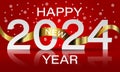 Happy New Year 2024 white paper number golden ribbon curve on red design for holiday festival celebration countdown background