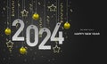 Happy New Year 2024 white paper number golden stars ball ribbon on dark grey luxury design for holiday festival celebration