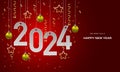 Happy New Year 2024 white paper number golden stars ball ribbon on red luxury design for holiday festival celebration countdown