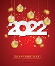 Happy new year 2022. White paper numbers with golden Christmas decoration and confetti on red background. Royalty Free Stock Photo