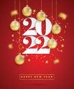 Happy new year 2022. White paper numbers with golden Christmas decoration and confetti on red background. Royalty Free Stock Photo