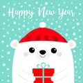 Happy New Year. White polar bear head face holding gift box. Red hat. Merry Christmas. Cute cartoon kawaii baby character. Funny Royalty Free Stock Photo