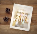 Happy new year 2017 on white vintage wooden frame background Royalty Free Stock Photo