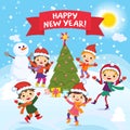 Happy New Year. 2017. Winter fun. Cheerful kids playing in the snow. Stock vector illustration of a group of happy children in red Royalty Free Stock Photo