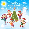 Happy New Year. 2017. Winter fun. Cheerful kids playing in the snow. Stock vector illustration of a group of happy children in red Royalty Free Stock Photo
