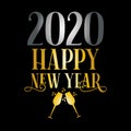 Happy New Year 2020 winter holiday greeting card design, gold and sylver color on black background.