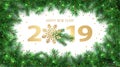 Happy New Year 2019 winter holiday greeting card design template with fir branches frame and shining Gold Snowflake decoration Royalty Free Stock Photo