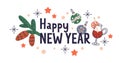 Happy New Year, winter holiday sticker. Festive decoration design with newyear season elements, bauble, snowflake, fir