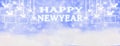 Happy new year winter outdoor with falling snowflakes, and hanging gift box,Panoramic web banner horizontal, with snow background Royalty Free Stock Photo